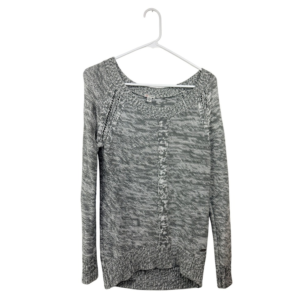 Guess Womens Gray White Marled Cable Knit Pointelle Scoop Neck Sweater Medium
